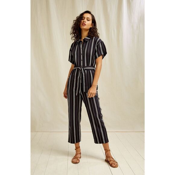People Tree Organic Cotton Handwoven Jesalyn Stripe Jumpsuit Black $160 sz 8 - Picture 2 of 11